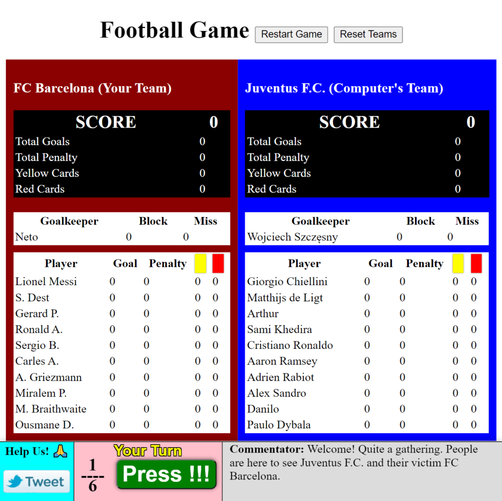 Football game with score cards, commentary and play button