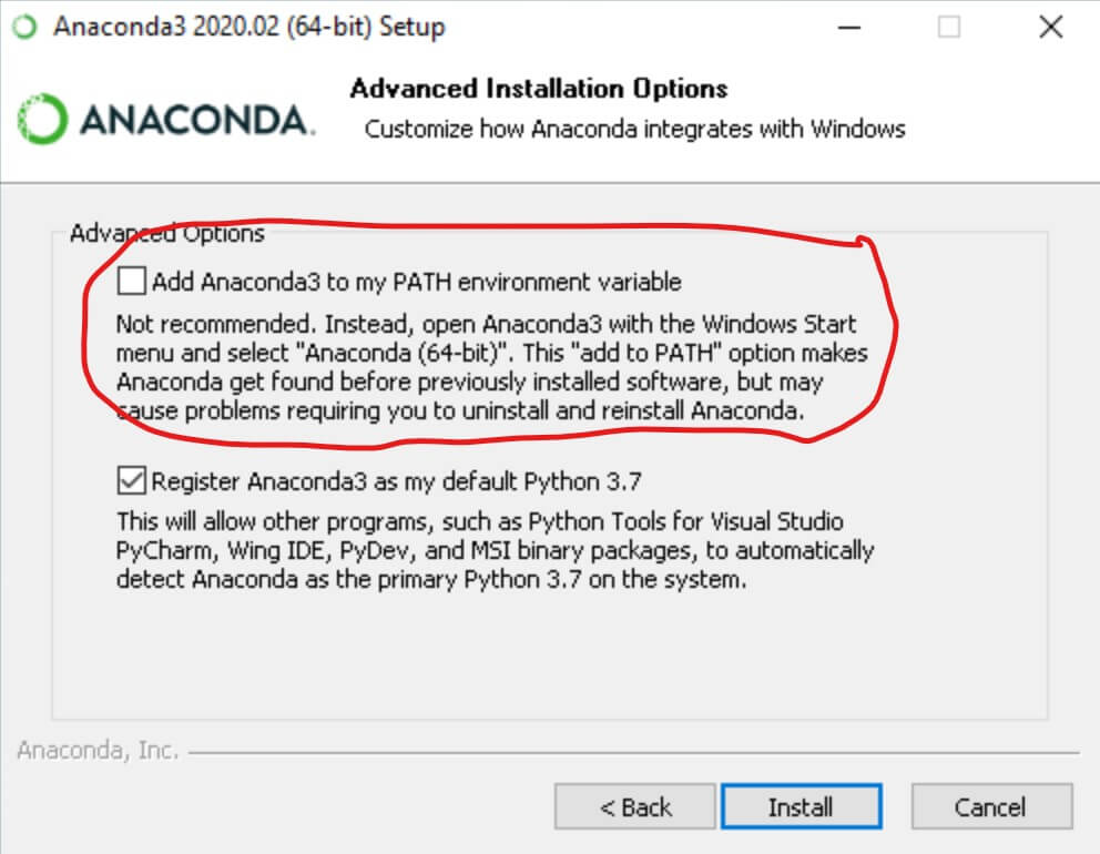 anaconda path checkbox