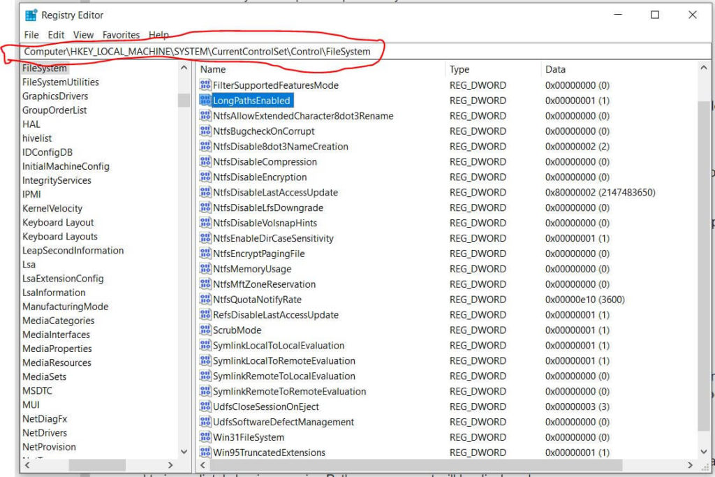 regedit set longpathsenabled