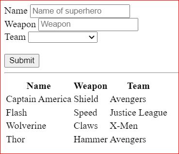 Create operation in CRUD Svelte with html form to add a new superhero into the table